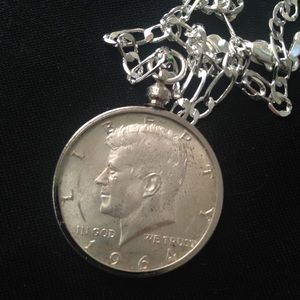 1964 Silver Half Dollar Coin, 18in 925 Chain